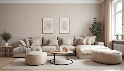 Elegant beige corner sofa and poufs in a traditional apartment. Modern living room interior design in the Scandinavian style