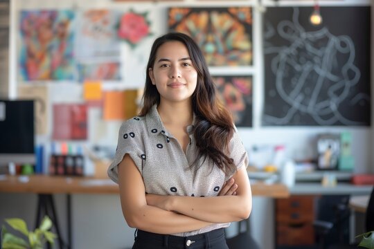 A female graphic designer standing with her arms crossed in a marketing office.
