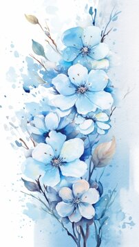 Generative AI image of vibrant blue watercolor flowers on a splashy background