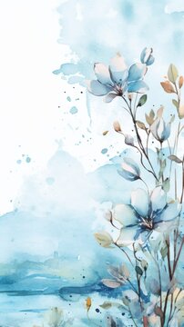 Generative AI image of ethereal watercolor flowers on a tranquil blue background