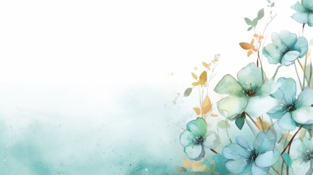 Generative AI image of delicate blue watercolor flowers on a hazy background