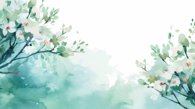 Generative AI image of light watercolor floral clusters on a misty background