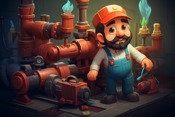 Cheerful plumber in blue uniform and red hat with wrench by metal pipes and valves. Symbolizes teamwork and plumbing expertise, ideal for conveying reliability and professionalism.