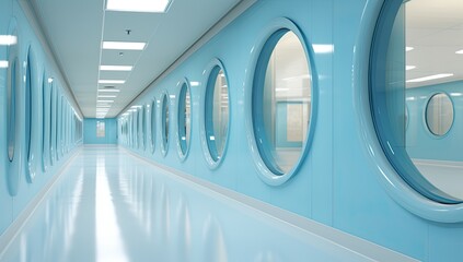 A hospital corridor with multiple round windows