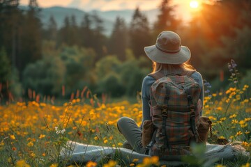 Peaceful scene of a woman traveler relaxing in a blooming field at sunset, evoking tranquility