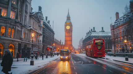 UK London big ben clock  and bridge and bus vector illustration - obrazy, fototapety, plakaty