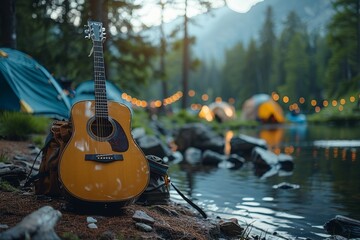 A classic guitar leans invitingly against a tranquil campsite, illuminated by soft fairy lights and...
