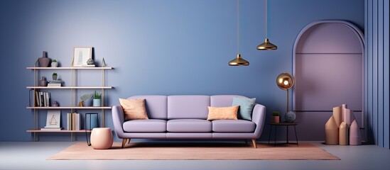 A living room that has a gray sofa, blue wall covering, shelves, chandelier, lamps