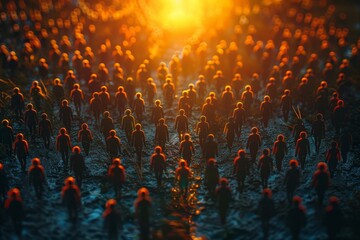 A creative image of multiple miniature figures standing together, bathed in dramatic sunlight