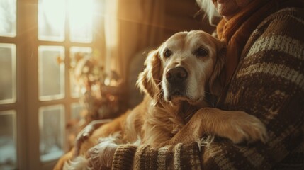  lonely senior woman with her golden retriever lovely dog at home in autumn. - obrazy, fototapety, plakaty