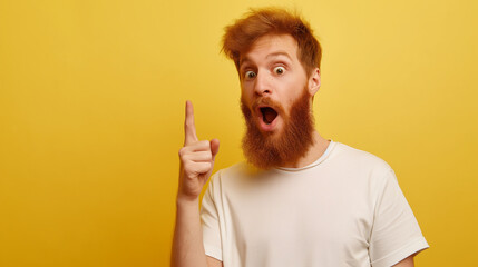Homem ruivo barbudo com um dedo levantado e expressão de impressionado isolado no fundo amarelo
  - obrazy, fototapety, plakaty