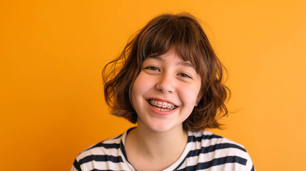 Jovem adorável de  cabelo curto usando aparelho nos dentes isolada no fundo laranja - Papel de parede 