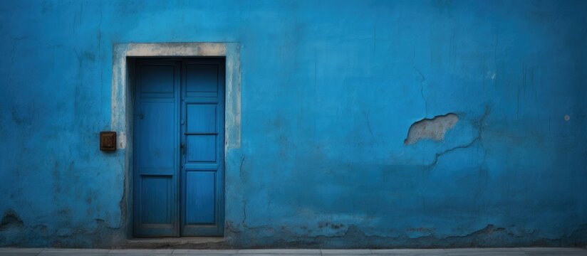 A blue wall featuring a door and a window. The door is blue with a Do not disturb sign, and the window has white trim. The wall appears to be made of painted concrete.