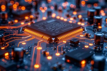A striking close-up portrays the dynamic and powerful essence of a microchip processor with a brilliantly illuminated core