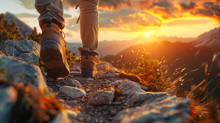 young  man hiking in mountains at sunset with backpack, rocky hills 