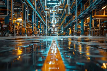 The reflective factory floor provides a unique perspective on industrial plant design and architectural symmetry