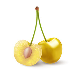 Isolated yellow cherries on one stem on white. Two sweet cherry fruits on one stem, one cut in half with a pit - 749054928