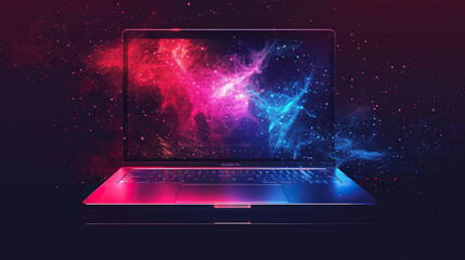 Modern laptop isolated on the pink neon lights background - obrazy, fototapety, plakaty
