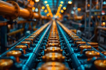 Intricate close-up of industrial pipelines with a strong focus on fittings and valves