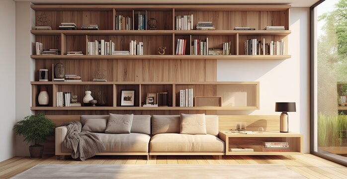 A modern living room with shelves with bookshelves sitting next to the wall