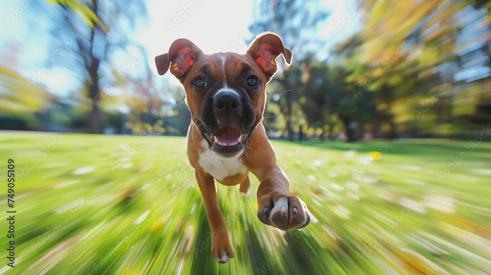 Wall mural a young boxer dog running in a park