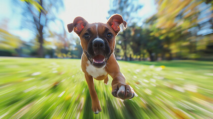 A Young Boxer Dog running in a park - obrazy, fototapety, plakaty