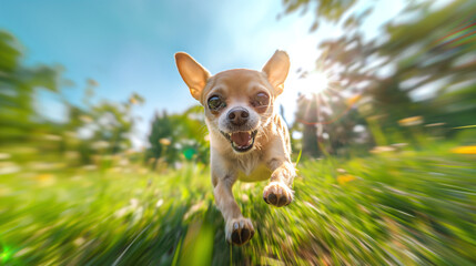A Young Chihuahua Dog running in a park