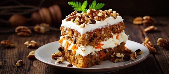 A slice of rustic carrot cake topped with cream cheese and walnuts, displayed on a classic white...
