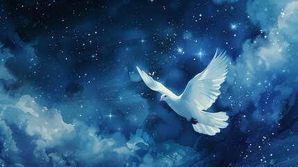 christmas scenario, holy spirit in the form of a white dove of peace in a starry night with copyspace, created with generative AI technology