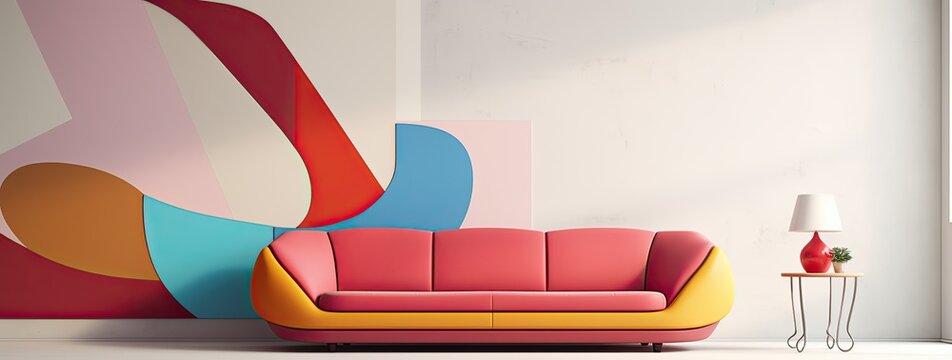 A red sofa is situated beside an empty white wall