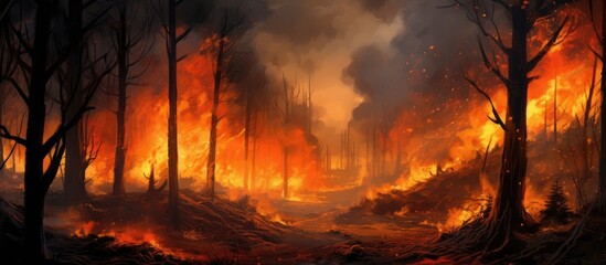 This painting depicts a fierce fire sweeping through a dense forest, with flames engulfing trees and billowing smoke rising in the sky. The intensity of the blaze is evident as the flames consume