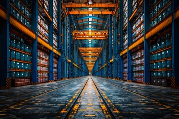 This image shows the vast, organized storage system of an automated high-bay warehouse with towering shelves