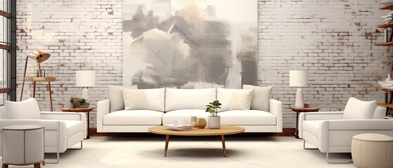 A white living room with furniture and a brick wall