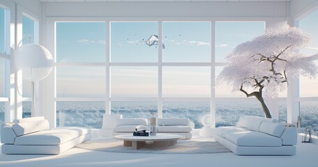 A white living room with japanese style windows