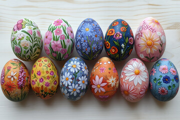 Collection of hand-drawn happy Easter day eggs in various colors and designs arranged neatly on a wooden table