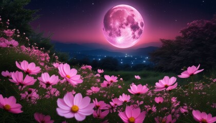  Moonlit serenity in a field of pink flowers