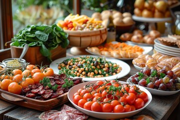 Fototapeta na wymiar A lavish spread of various dishes and fresh produce, creating an inviting buffet setup