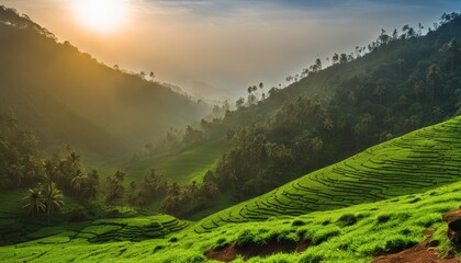  Bright morning sun illuminates lush green terraced rice fields