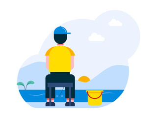 Man fishing in the sea. Hobby vector illustration.