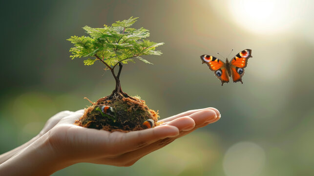 A hand holds a small tree while a butterfly flies over it
