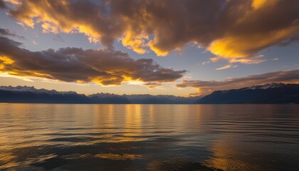 Naklejka na ściany i meble Reflection of a golden sunset on tranquil waters
