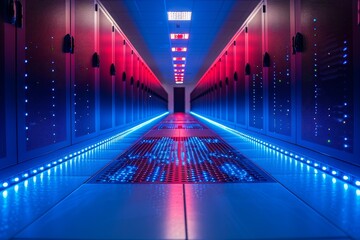 The image captures a futuristic data center corridor illuminated by LED lights with a high-tech feel