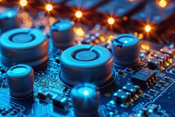 Detailed and close-up view of electronic components and soldered circuits on a motherboard