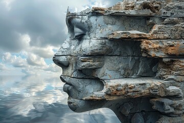 A serene depiction of a human profile formed by a coastal rock structure reflecting in calm waters