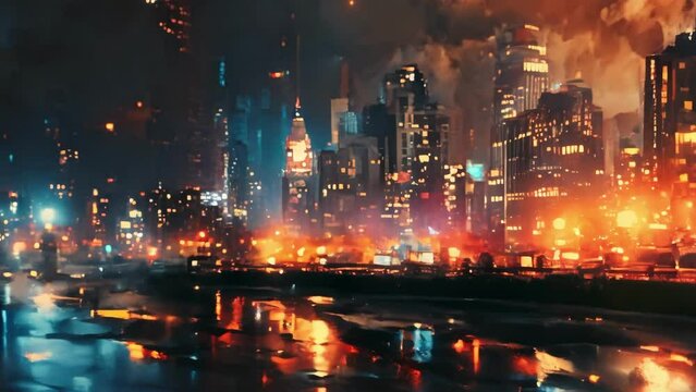 A Painting of a City at Night Time