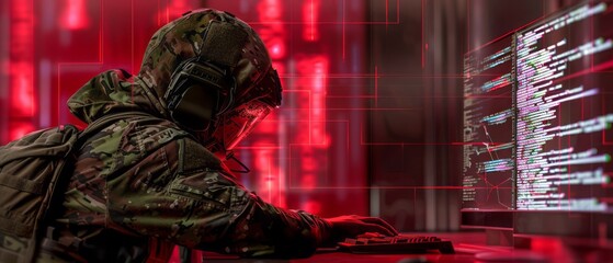 Fototapeta na wymiar Man in Military Uniform Using Computer