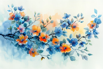 A painting featuring blue and orange flowers against a white background