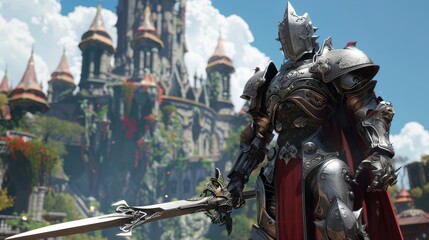 The main character of the game a skilled warrior with a futuristic cybernetic armor brandishes his sword in front of an enchanted castle backdrop. - obrazy, fototapety, plakaty