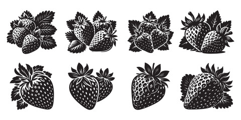 Strawberry black silhouette set. Vector illustration of strawberries on a transparent background. Black template for stencil, print, engraving, stripes, signs..