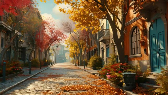 A Painting of a City Street in Autumn